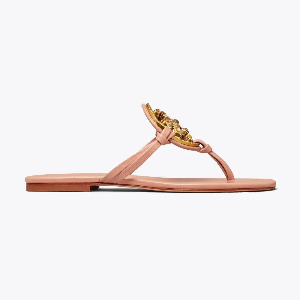 Tory Burch Miller Jeweled Leather Thong Sandals Meadowsweet Peachy Pink